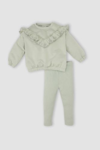 Kız Bebek 2'li Takım Bisiklet Yaka Brodeli Sweatshirt Beli Lastikli Uzun Tayt