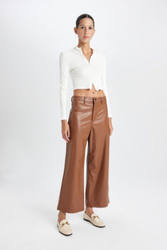 Culotte Crop Suni Deri Pantolon Yüksek Bel Geniş Bol Paça