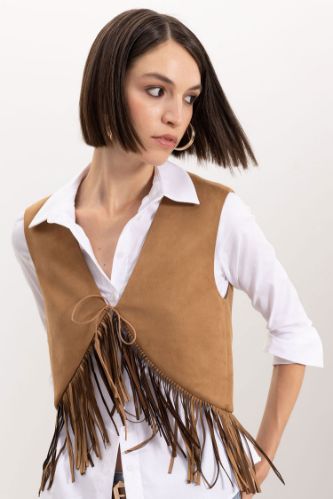 Bağlamalı Kovboy Model Püsküllü Süet Yelek