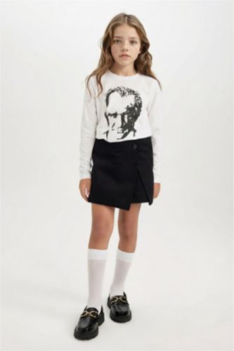 Düğmeli Gabardin Siyah Şort Etek Kız Çocuk