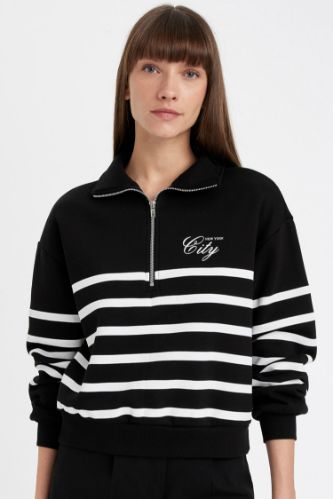 Regular Fit Yarım Fermuarlı Dik Yaka Çizgili Kalın Sweatshirt