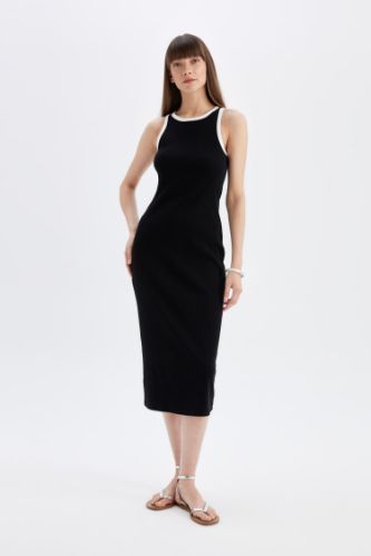 Bodycon Vücudu Saran Basic Düz Fitilli Kaşkorse Kolsuz Midi Elbise
