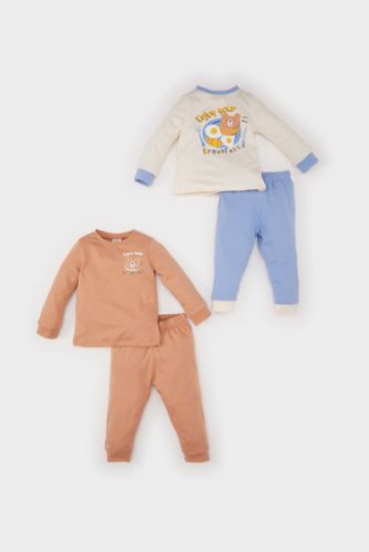 Erkek Bebek 4'lü Pijama Takımı Bisiklet Yaka Baskılı Penye Uzun Kollu Üst Beli Lastikli Uzun Alt
