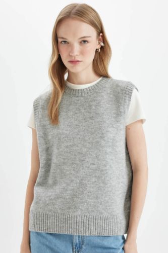 Regular Fit Basic Düz Bisiklet Yaka Triko Süveter