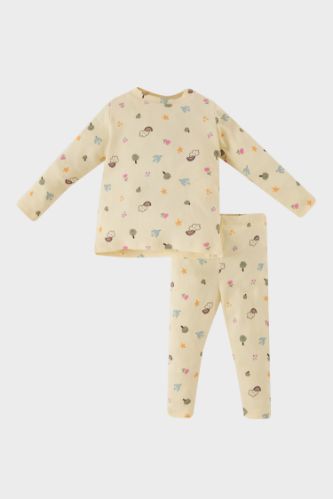 Kız Bebek Pijama Takımı Desenli Bisiklet Yaka Uzun Kollu Fitilli Kaşkorse Üst Uzun Alt