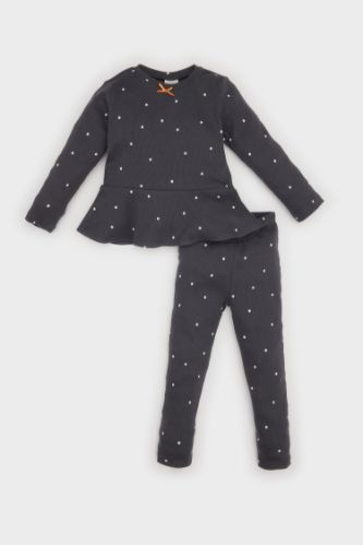 Kız Bebek Pijama Takımı Puantiye Uzun Kollu Fitilli Kaşkorse Üst Uzun Alt