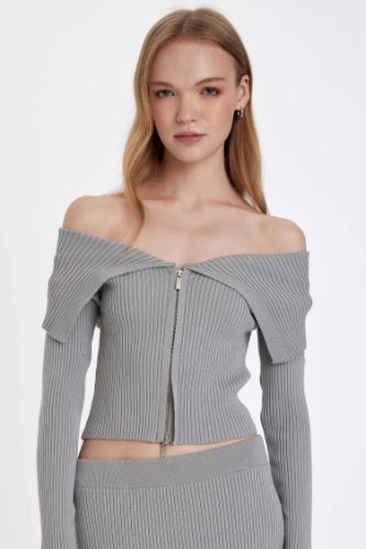 Slim Fit Dar Kesim Açık Omuz Basic Düz Fermuarlı Triko Hırka