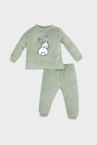 Kız Bebek Pijama Takım Tavşan Baskılı Velur Uzun Kollu Üst Beli Lastikli Uzun Alt