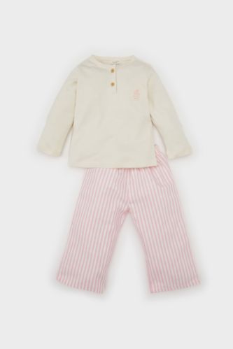 Kız Bebek Pijama Takımı Dokuma Twill Uzun Kollu Üst Çizgili Alt
