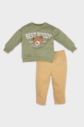 Erkek Bebek 2'li Takım Bisiklet Yaka Ayıcık Baskılı Sweatshirt Beli Lastikli Pantolon