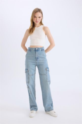 Wide Leg Kargo Yüksek Bel Düz Paça Uzun Jean Yıkamalı Pantolon