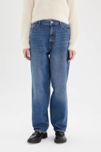 Baggy Fit Yüksek Bel Düz Paça Standart Boy Jean Yıkamalı Pantolon