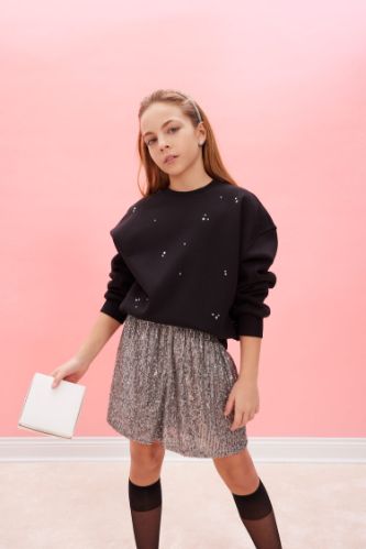 Kız Çocuk Yılbaşı Temalı Oversize Geniş Kalıp Bisiklet Yaka Taşlı İçi Yumuşak Tüylü Sweatshirt