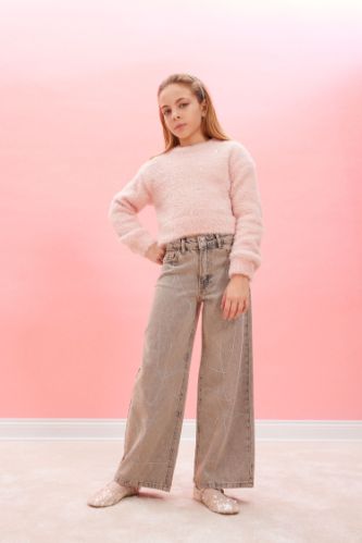 Kız Çocuk Yılbaşı Temalı Wide Leg Geniş Paça Jean Pantolon