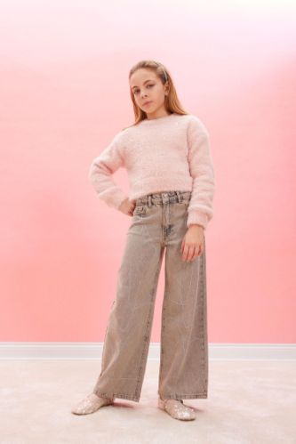 Kız Çocuk Yılbaşı Temalı Wide Leg Geniş Paça Jean Pantolon