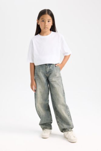 Kız Çocuk Yılbaşı Temalı Wide Baggy Fit Geniş Bol Paça Jean Pantolon