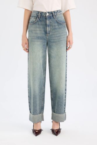Baggy Fit Yüksek Bel Katlamalı Paça Bilek Boy Jean Yıkamalı Pantolon