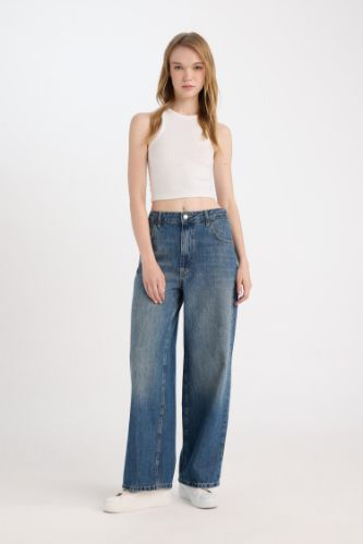 Baggy Fit Yüksek Bel Katlamalı Paça Bilek Boy Yıkamalı Jean Pantolon