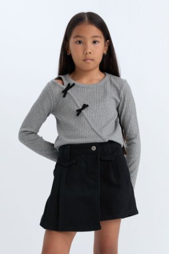 Kız Çocuk Slim Fit Dar Kesim Bisiklet Yaka Fiyonklu Fitilli Kaşkorse Uzun Kollu Tişört