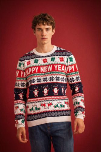 MAN NAVY Standard Fit Christmas Themed Crew Neck Knitted Pullover