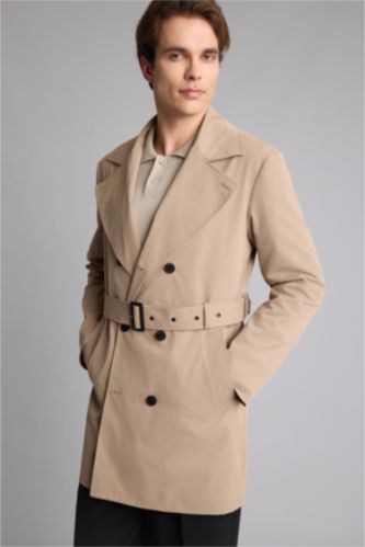 Men Beige Button up Big Neck Coat