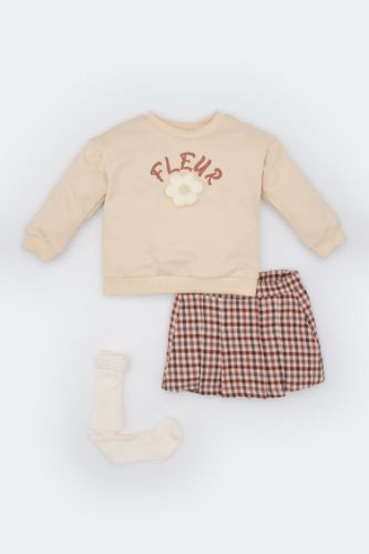 Kız Bebek 3'lü Takım Bisiklet Yaka Baskılı Sweatshirt Beli Lastikli Kareli Etek Çorap