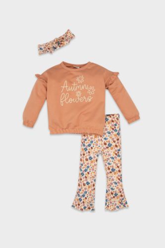 Kız Bebek 3'lü Takım Baskılı Bisiklet Yaka Sweatshirt Çiçekli Tayt Saç Bandı