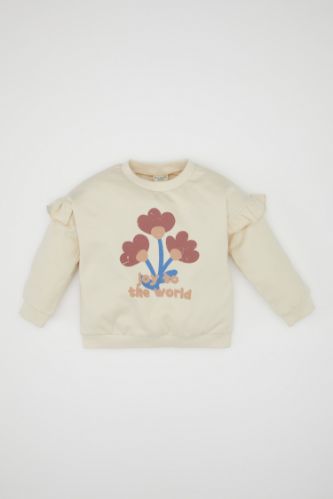 Kız Bebek Bisiklet Yaka Çiçek Baskılı İçi Yumuşak Tüylü Sweatshirt