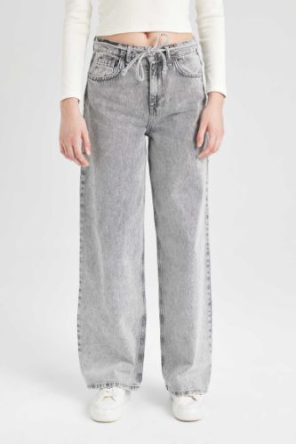 Loose Wide Leg Geniş Paça Yüksek Bel Uzun Jean Yıkamalı Pantolon