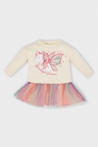 Kız Bebek Unicorn Baskılı Uzun Kollu Kalın Tütülü Sweat Elbise