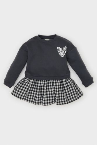 Kız Bebek Bisiklet Yaka Baskılı Uzun Kollu Eteği Kareli Sweat Elbise