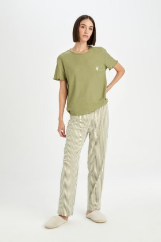 Ribana Pijama Takımı Bisiklet Yaka Baskılı Kısa Kollu Üst Çizgili Alt 