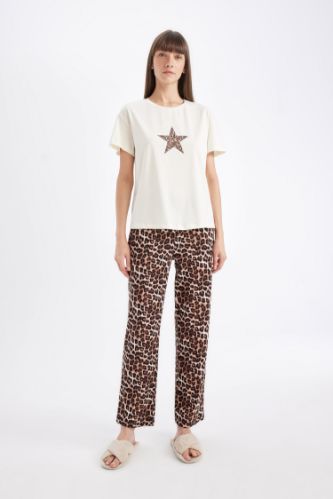 Fall in Love Pijama Takım Leopar Desenli Bisiklet Yaka Kısa Kollu Üst Beli Lastikli Alt