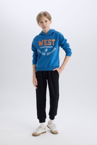 Erkek Çocuk 2'li Takım Kalın Kapüşonlu Baskılı Sweatshirt Beli Lastikli Eşofman Altı