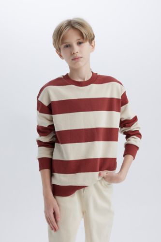 Erkek Çocuk Oversize Geniş Kalıp Bisiklet Yaka Çizgili Sweatshirt