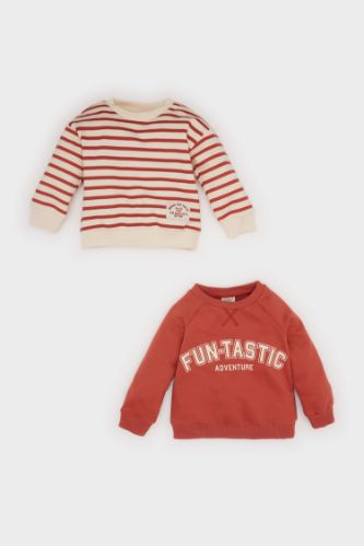 Erkek Bebek Bisiklet Yaka Baskılı İçi Yumuşak Tüylü 2'li Sweatshirt