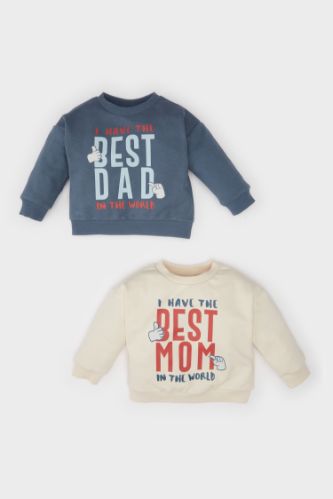 Erkek Bebek Bisiklet Yaka Baskılı İçi Yumuşak Tüylü 2'li Sweatshirt