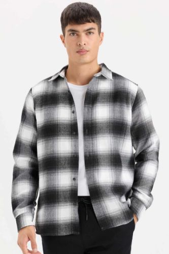 Regular Fit Polo Yaka Kareli Flanel Uzun Kollu Gömlek
