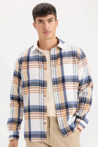 Regular Fit Polo Yaka Kareli Flanel Uzun Kollu Gömlek