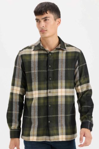 Regular Fit Polo Yaka Kareli Flanel Uzun Kollu Gömlek