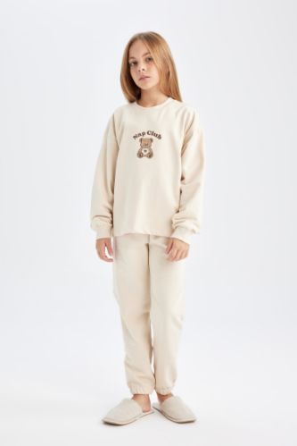 Kız Çocuk Ayı Baskılı Uzun Kollu Üst Uzun Alt Pijama Takımı