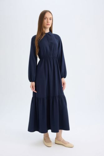 Gömlek Yaka Basic Düz Düğmeli Beli Büzgülü Uzun Kollu Maxi Lacivert Elbise