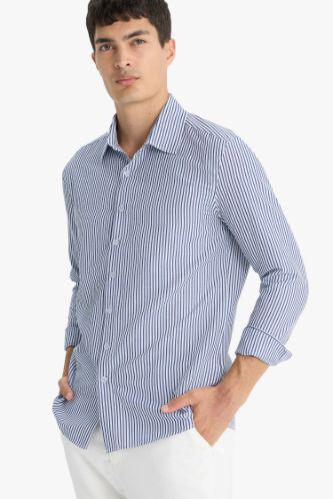 Modern Fit Polo Yaka Çizgili Krinkıl Uzun Kollu Gömlek