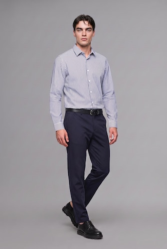 MAN White Modern Fit Striped Polo Collar Crinkle-Textured Long Sleeve Shirt
