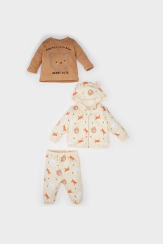 Erkek Bebek 3'lü Takım Ayı Baskılı Bisiklet Yaka Sweatshirt Kapüşonlu Hırka Beli Lastikli Alt