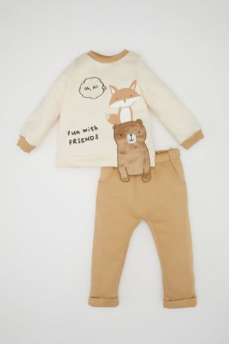 Erkek Bebek 2'li Takım Baskılı Bisiklet Yaka Kalın Sweatshirt Üst Beli Lastikli Alt