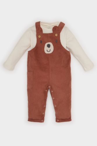 Erkek Bebek 2'li Takım Bisiklet Yaka Uzun Kollu Tişört Kadife Ayıcık Baskılı Salopet Tulum