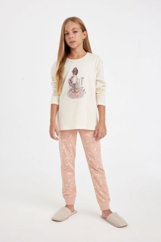 Kız Çocuk Pijama Takımı Balerin Kız Baskılı Uzun Kollu Üst Uzun Alt