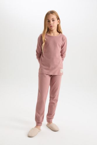 Kız Çocuk Pijama Takım Dokuma Etiketli Waffle Uzun Kollu Üst Beli Lastikli Uzun Alt
