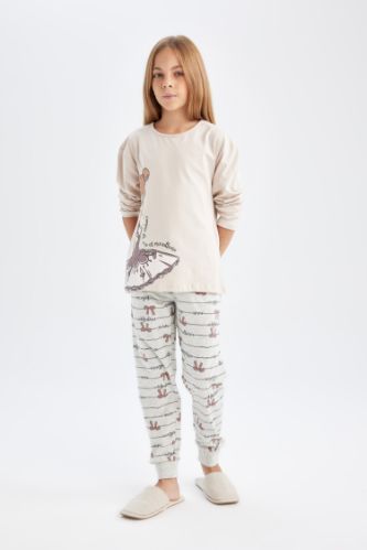 Kız Çocuk Pijama Takımı Bisiklet Yaka Baskılı Uzun Kollu Üst Uzun Alt